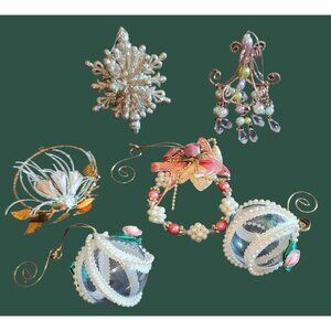 Vintage Pearlized Glass Crystal Christmas Ornaments Set